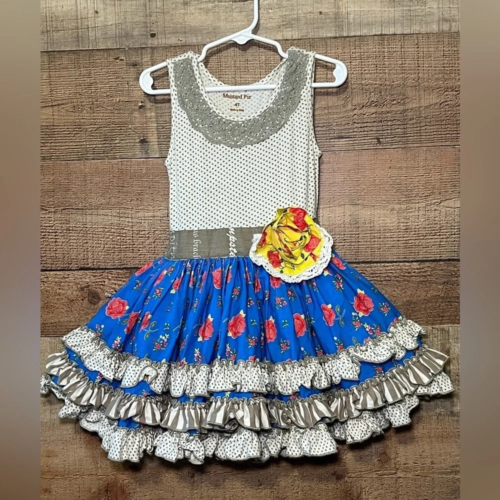 Mustard Pie Girls size 4T Sundress with Ruffle Tiered Skirt Floral Polka Dot
